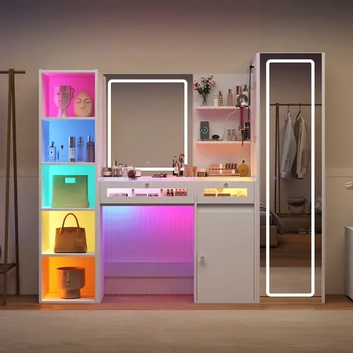 PUNICE Glam Vanity Desk with LED Mirror & Large Storage, Makeup Table with Side Cabinet & PUNICE Drawers for Bedroom, Modern Dressing Table with Lights, Vanity With Mirror, Furniture, Glow Light Makeup Vanities
