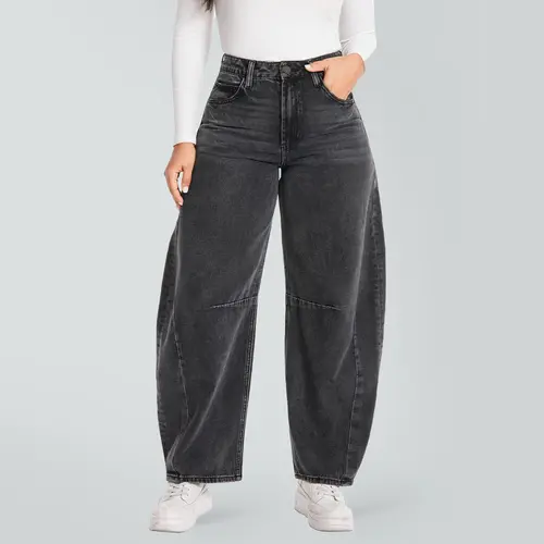 Women's High Waist Barrel Jeans, Oversized Silhouette Pants in Non-Stretch Rigid Denim Fabric with Functional Pockets and Zipper Fly
