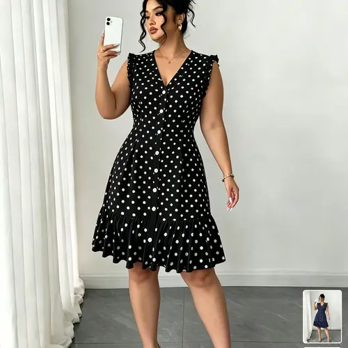 Plus Size Vintage Casual Slim Fit Polka Dot Sleeveless Casual Dress, Summer Dresses, V-Neck Front Button Ruffled Hem Fishtail Dress for Various Occasions
