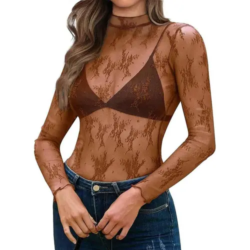 Sexy Women Mesh T-Shirts Transparent Lace Blouse Long Sleeve See Through Tops For Women O Neck Sheer Tees Body Crop Top Half High Collar Lace Bottomed Blouse T-Shirt Women's Sexy Lace Long Sleeve See Through Mesh, Longsleeves, Sheer Top tiktokshopspringgl