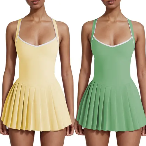 Women's Lavender Contrast Trim Tennis Dress, Halter V-Neck Pleated Athletic Dress with Built-in Shorts, Golf Workout Skort Dress, Plus Size