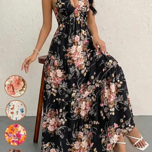 Women's Vacation Boho Floral Printed Dress, Summer Clothes Women, Casual Loose Fit Bohemian Sleeveless Dress for Beach Holiday Vacation, Bow Dress, Dresses for Party, Minimalist A Line Long Dress, Boho Summer Dresses, Boho Style, Boho Fashion