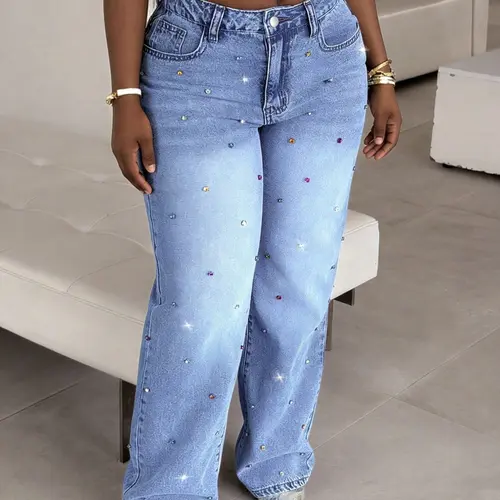 Women's Plus Size Vintage Loose Wide Leg Light Wash Denim Jeans, Fashion Casual Jeans, Colorful Rhinestone Casual Straight Leg Pants, Fitted Natural Waist, All Seasons Womenswear Trouser