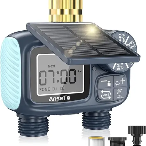 Solar Powered 2 Outlet Sprinkler Timer,Brass Inlet Programmable Garden Hose Timer with Rain Delay Auto Irrigation System,Plant Watering Devices,Garden Watering Timer#SummerWins