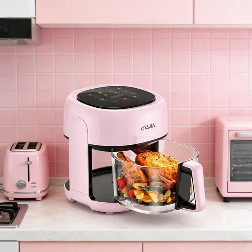 OYAJIA Pink Glass Touchscreen Air Fryer - 4.2QT, 1200W, 8-in-1 Small Portable Multi-Function Fryer for Dorm, Small Fryers, Portable Multi-Function Fryers tiktokshopbacktoschool,back to school,back to school haul Multifunction Air Fryer Digital Air Fryer