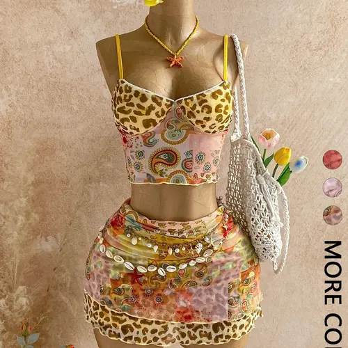 Women's Summer Two-Piece Animal Print Set, Leopard & Paisley Print, Lightweight Mesh Fabric, Crop Top & Mini Skirt, Boho Bohemian Coastal Style, Ideal for Beach, Vacation and Pool Party, Beachwear, Womenswear