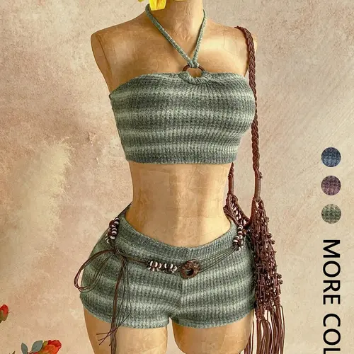 Women's Spring Summer Knit Fitted 2-Piece Matching Set Outfit, Gradient Stripe Sleeveless Halter Crop Top and High-Waist Shorts, Y2K Baddie Boho Coastal Cowgirl Style for Vacation and Festival Beach Wear, Clothing Sets