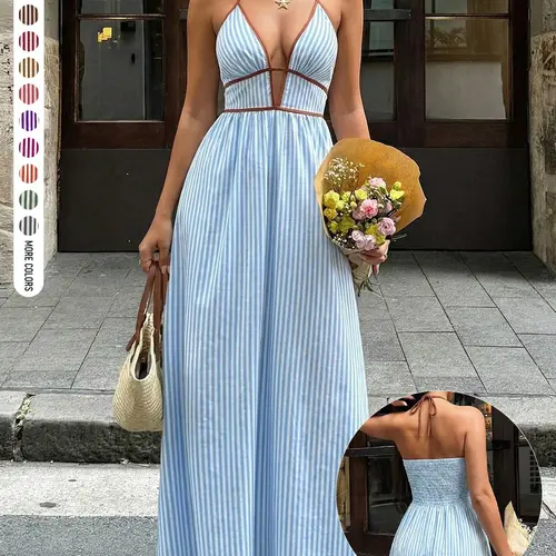 Women's Summer Vintage Chic Striped Cutout Backless Tie Neck Deep V Maxi Dress, Casual Elegant Sleeveless Fitted Dress for Home Outdoor City Womenswear Casual Fashionable Dress