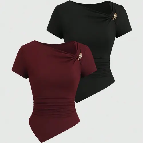 Women's Casual Everyday Basic Lady Womenswear Spring Summer Slim Fit Short Sleeve T-Shirt Set, 2 Piece Fashion Top, Casual Tops, Casual Stylish Tee, Perfect for Daily Home Wear and Vacation