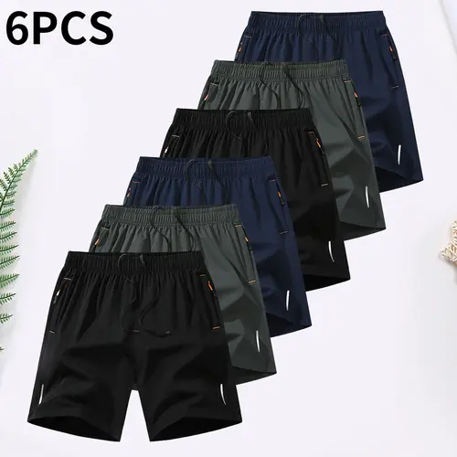 Men’s 6-piece Value Set Polyester Edit Ice Fabric Dry Activewear Shorts - Lightweight, Breathable, Cool-Touch, Solid-Color, Zippered Pockets, Reflective Strip, Summer Beach & Sports Apparel