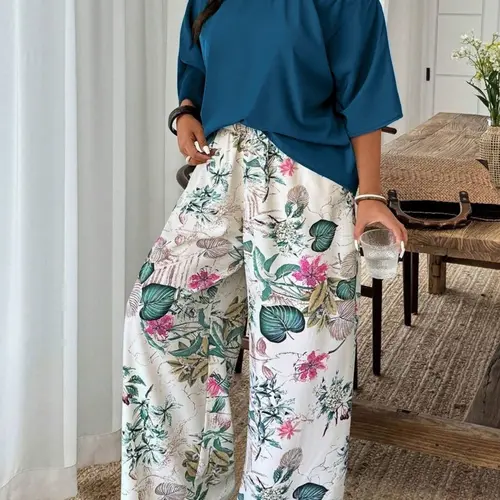 Plus Size Women's Two-Piece Set, Solid Color One Shoulder Top & Tropical Plant Floral Print Pants, Casual Vacation Style, Leaf Print Set
