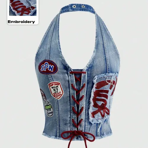 Y2K Crop Top, Cropped Tank Top, Embroidered Denim Cami, Adjustable Strappy Back, Slim Fit, Casual Fitted Sleeveless, Sleeveless, Summer Casual Wear, Crop Tank Tops, Perfect for Dates & Vacations