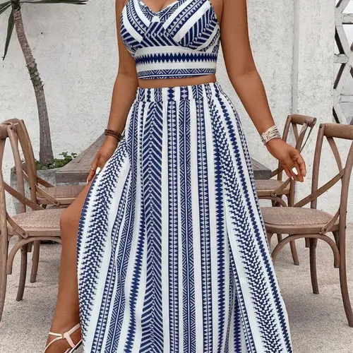 Women's Plus Size Two-Piece Matching Skirt Set, Boho Blue Geometric Print Spaghetti Strap Sleeveless Cropped Top and High Slit Long Skirt, Casual Fashion Bohemian Womenswear