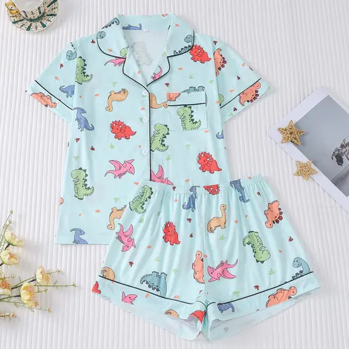 Women's Dinosaur Print Pajama Set, Cartoon Print Pajama, Comfortable Fitted Shirt & Elastic Shorts, Casual Summer Sleepwear, Loungewear for Pajama Party & Home