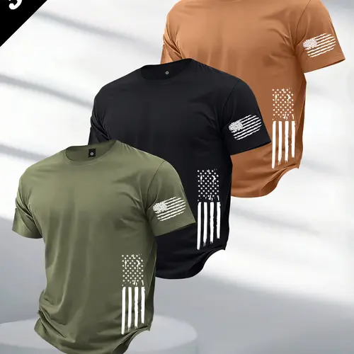 Men’s 3-Piece Lightweight Short-Sleeve Polyester Round Neck Regular Fit T-Shirt Set - Patriotic Flag Print Tops for Commuting, Outdoor Activities, Summer Mens Clothes Products