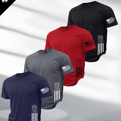 Men's 4-Piece Casual T-Shirt Set, Lightweight Short-Sleeve Shirts with National Flag Print for Outdoor Summer Wear, Shortsleeve, Plain, Assorted Color Men's Short-Sleeve T-Shirts,clothes for back to school,first day of school outfits
