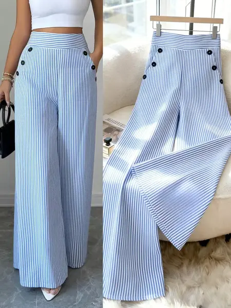 New Spring & Summer Simple Woven Blue Striped Wide-Leg Bell Bottom Pants, Hidden Zipper Pockets Button Design Womenswear