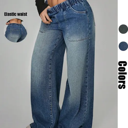 Women's Elastic Waist Wide Leg Oversized Denim Jeans, Loose Vintage Jeans, Loose Fit, Baggy, Deep Pocket Casual Urban Fashion Streetwear Pants, Ideal for Daily Wear