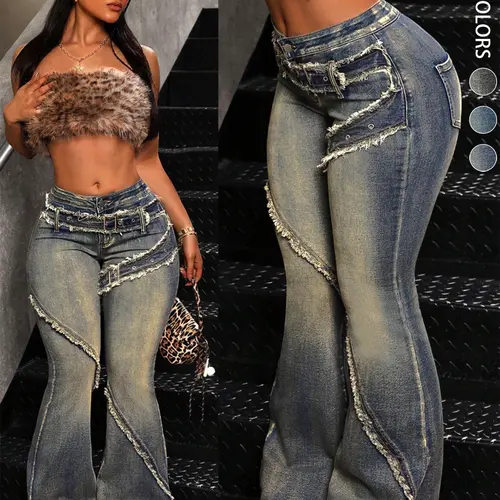 Women's Bootcut Jeans With Waist Buckle Design。Women's Distressed Fitted Flare Jeans，Y2K Fashion Washed Denim Jeans， Perfect for Daily Wear， Boot Cut Flared
