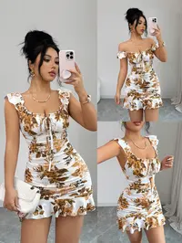 Women's Knitted Floral Print Slim Fit Mini Dress, Boho Style with Bow Design and Ruffle, Elegant Halter Neck, Perfect for Daily Wear, Beach, Parties