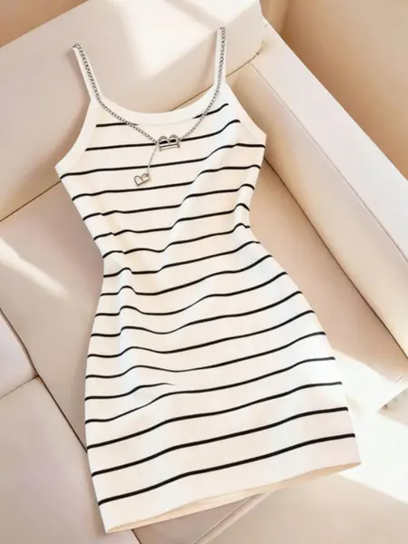 White & Black Striped Spaghetti Strap Mini Dress, Boho Cami Dress, Bohemian Casual Wear, Casual Chic Dress, Casual Knitted Dress, Ribbed Bodycon Dress for Women, Minimalist Aesthetic, Soft Stretchy Knit Fabric, Casual Summer & Beachwear Essential