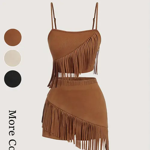 Women's Fringe Top and Shorts Set, Two-Piece Vintage Retro Western Style Outfit with Fringe Details, Perfect for Music Festivals, Date Nights, Clubs, Performances, Parties, and Galas Halter Top