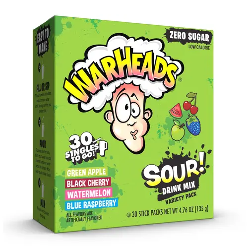 Warheads 30ct Sugar-Free Singles To Go! Sour Drink Mix, Drink Packets, Extreme Sour Powder