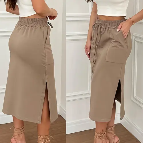 Spring Summer New Straight Long Dress, Side Slit Adjustable Elastic Waist Casual Minimalist Half Skirt Plain Color Skirt, Womenswear for Women, Stylish and Comfortable Fashion Piece, Style