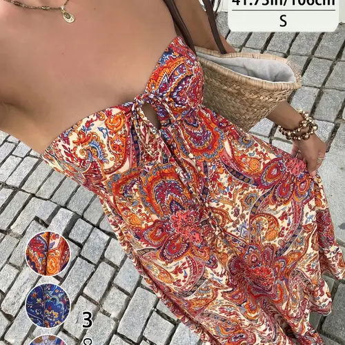 Elegant Summer Paisley Printed Halter Dress, Bohemian Summer Dresses Women's Vacation Style Boho Casual Style Sleeveless Dress with Backless Design, Perfect for Casual Wear