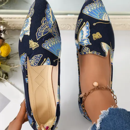 New Spring Autumn Dance Shoes for Women, Casual Versatile Fashion Pointed Toe Flat Low Heel Single Shoe, Colorful Print Wedding Shoes, Butterfly Decorated Soft Sole Loafers, Casual Trendy Flat Footwear, Soft Sole Flats