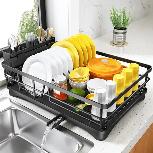 Small Dish Drying Rack for Kitchen Counter - Large Dish Rack with Drainboard, Rustproof Dish Drainer with Utensil Holder for Sink