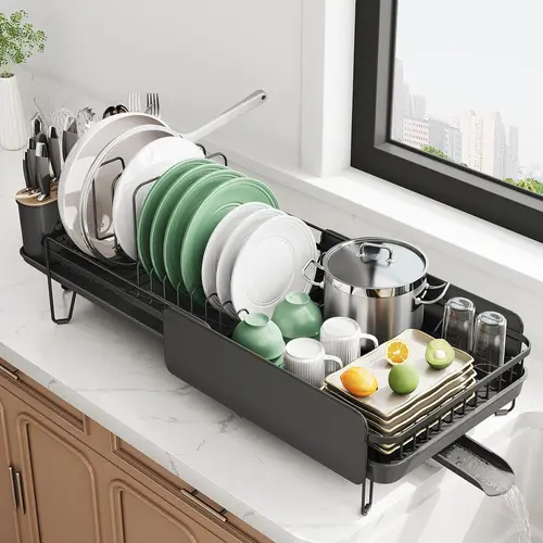 Large Dish Drying Rack - Expandable (19.3" to 29.4") Dish Rack for Kitchen Counter, Stainless Steel Dish Drainer with Utensil Holder, Pan Holder & Pot Lid Holder Summervibes