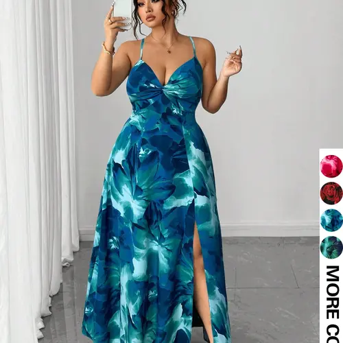 Plus Size Women Floral Print Halter Sleeveless Dress, Casual Wear, Summer Watercolor Style, Deep V Neck, Slim Fit, Midi Length, High Split, Versatile for Multiple Occasions