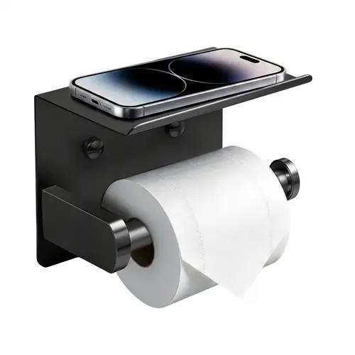 DGAPHRO Smooth Waterproof Black Toilet Paper Holder with Shelf & Pad, Rustproof Stainless Steel, Adhesive or Screw Wall Mount for Easy Installation, Wipe-Clean Design for Bathroom, RV