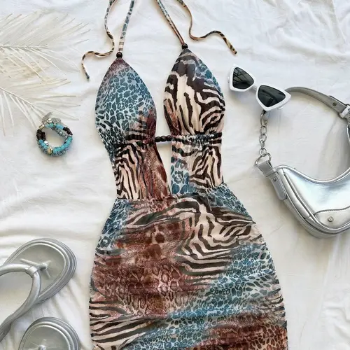 Women's Vintage Summer Tie-Dye Abstract Leopard & Zebra Print Deep V Backless Belted Ruched Tight Fit Mini Dress, Casual Wear, Sexy Style for Vacation & Date Night, Bohemian Summer Outfit, Boho Summer Dresses