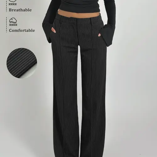 High-Waisted Striped Wide Leg Suit Pants, Women's New Arrival, Striped Office Suit Pants, Lazy Chic, Fashionable, Versatile, Straight Leg, with Pockets, All Season Trousers