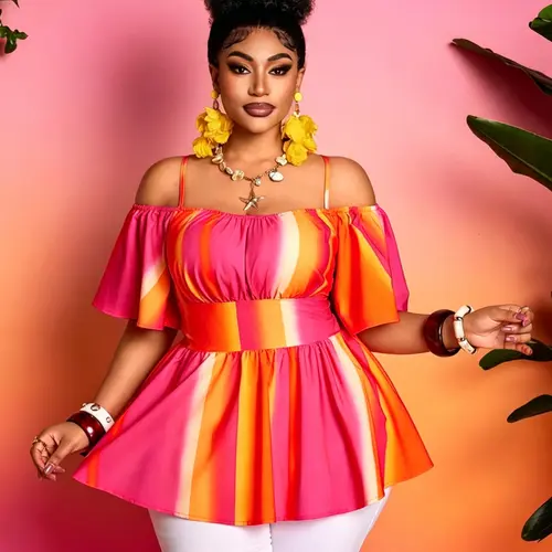 Women's Plus Size Gradient off Shoulder Adjustable Ruffle Blouse, Ruffled Blouse, Shirts, Belt, Colorblock Pleated Leaf Hem, Casual Summer Vacation Top, Slim Fit Short Sleeve, Feminine