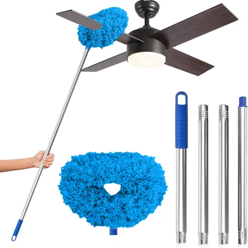 DGAPHRO Household Ceiling Fan Cleaner Kit, Lightweight Reusable Microfiber Tool with Aluminum Alloy Extension Pole for High Ceilings, Stainless Steel Removable Design (Blue)
