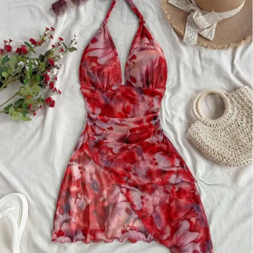 Summer Sexy Romantic Holiday Mini Skirt, Women's Vintage Floral Sleeveless Halter V-Neck Lace Asymmetric Edge Dress, Elegant Loose-Fitting Fashion Womenswear, Cocktail Party Dress, Beach Party Dress
