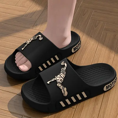 Men's EVA Lightweight Letter Print Herringbone-Striped Open Toe Athletic Slide Slippers - Summer Outdoor Wear Non-Slip Quick-Drying Casual Beach Footwear, EVA Upper, Flat Sole, Breathable Indoor-Outdoor Use