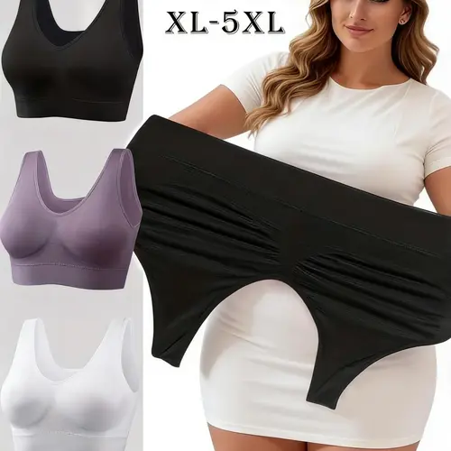 3-Pack Plus Size Women's Seamless Full-Coverage Wireless Bras, Ultra-Soft Wide Straps Double Layer Removable Padding, High Elasticity Breathable Sports Bra Tops for Gym Workout Running Yoga All Seasons (1XL-5XL)