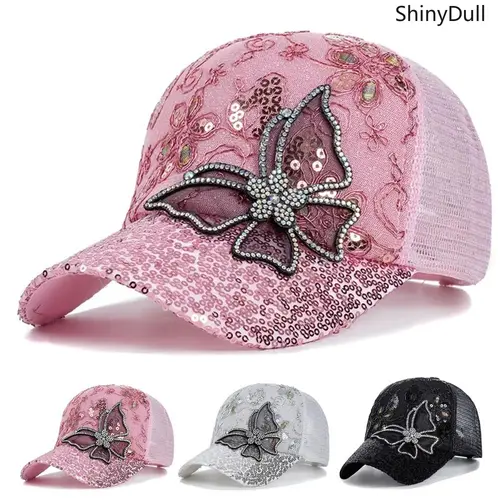 Women's Classic Baseball Hat with Glitter Butterfly Charm - Breathable Mesh Fitted Hats for Women, Sun Protection Casual Wear Accessory, Easy Styling Sports & Outdoor Cap