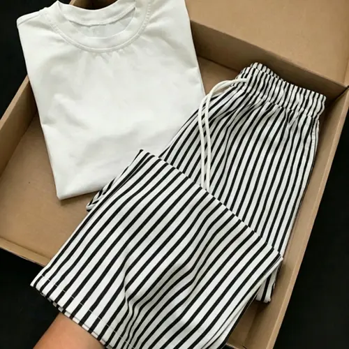 Women's Simple Fashion Fitted T-Shirt & Straight Striped Shorts, Casual Style Womenswear for Outdoor, Home, Hiking, Camping and Travel Stripe Set