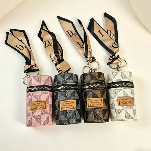 Vintage Leather Key Pouch for Women | Monogram Barrel Keychain | Mini Car Key Organizer Retro Stitched Bag Charm