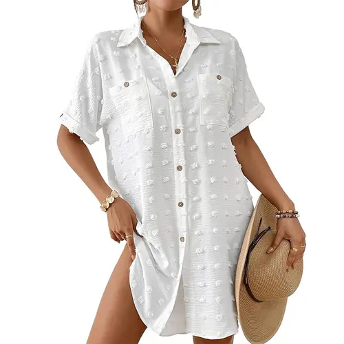 Bsubseach Women's Swiss Dot Button-Down Short Sleeve Smocked Polyester Clothing, Breathable Patterned Cover-Up for Beach Sports & Outdoor Swimwear Use, Swimsuit Cover Up, Casual Cover Up