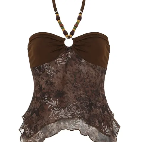 Vintage Floral Print Mesh Beaded Halter Spaghetti Strap Backless Top, Sexy Y2K Summer Beach Tank Top, Cute Grunge Vacation Sleeveless Vest for Women, Lady, Halter Neck Camisole, Backless Bodycon Cami