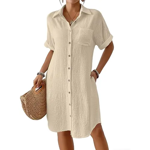 Bsubseach Women's V-Neck Button-Front Short-Sleeve Light Beach Coverup Dress - Women's Clothing Beachwear with Hidden Pocket, Casual Swimwear Cover-Up for Bikini Use