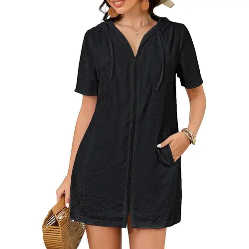 Bsubseach Women's Hooded Zip Terry Cloth Beach Robe, Quick Dry Polyester Swim Cover-Up with Patch Pockets, Above Knee Sports Coverup for Beach/Pool