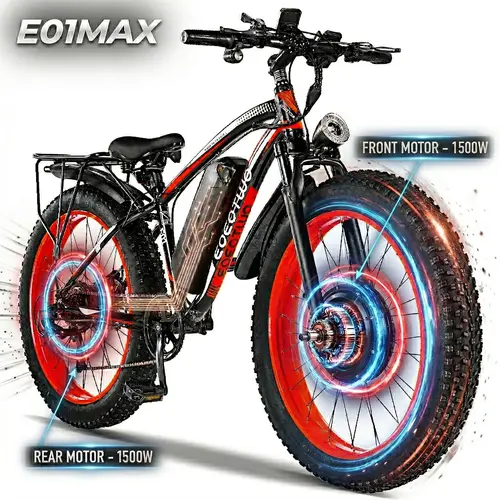 EOEOTWO Electric Bicycle (Model E01MAX) – 3000W Peak Power, 26x4-inch , 48V 23Ah All-terrain E-bike with 80-miles(PAS) & 40mph Max Speed. Equipped with the Latest LED Colour Screen Dashboard; Suitable for Road, Sandy, Mountain & Snowy Terrain