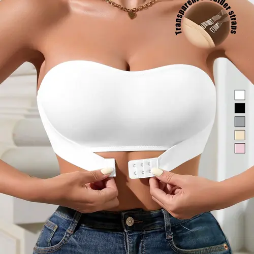Women's Strapless Buckle Front Push-Up Bra, Comfortable Breathable Fit Everyday Wear, Casual Style Wireless Underwear, Backless Full Coverage Seamless Bras, Comfy Shaping Bras, Wirefree Bras